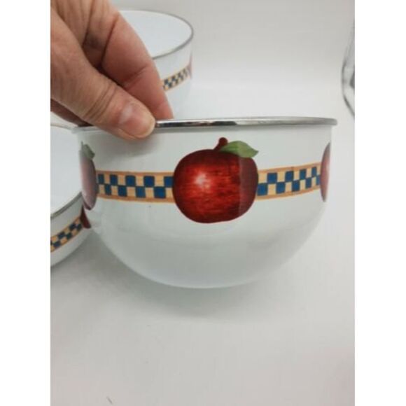 Set of 3 Retro Enamel Metal Nesting Bowls - Fruit Apples Checkered 🍎🍏 - Picture 6 of 9